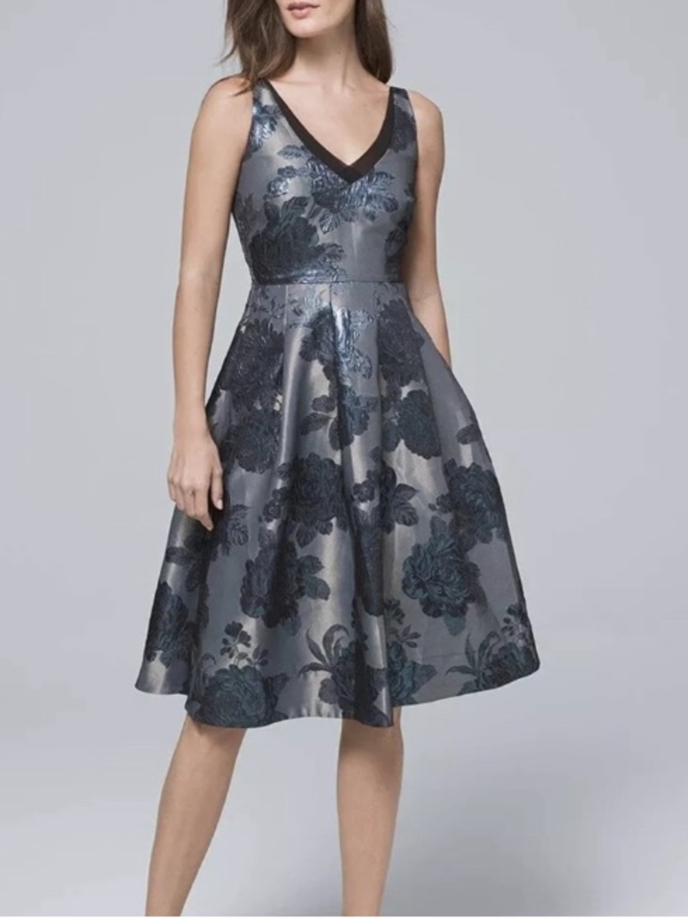 White House Black Market Metallic Floral Sleeveless Fit & Flare Dress Silver 10